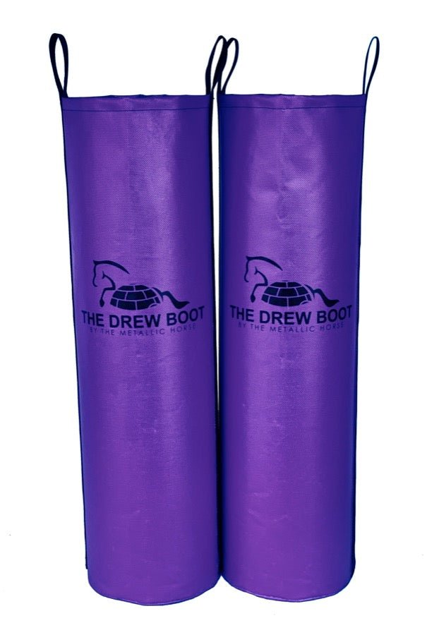 Equine Ice boots with suspender straps for horse injury prevention.